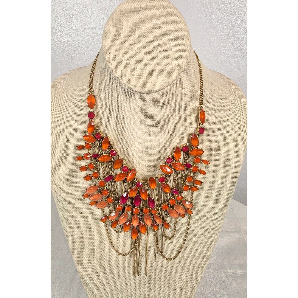 16" Costume Necklace Orange Stones Gold Tone Chains Statement Piece Plastron